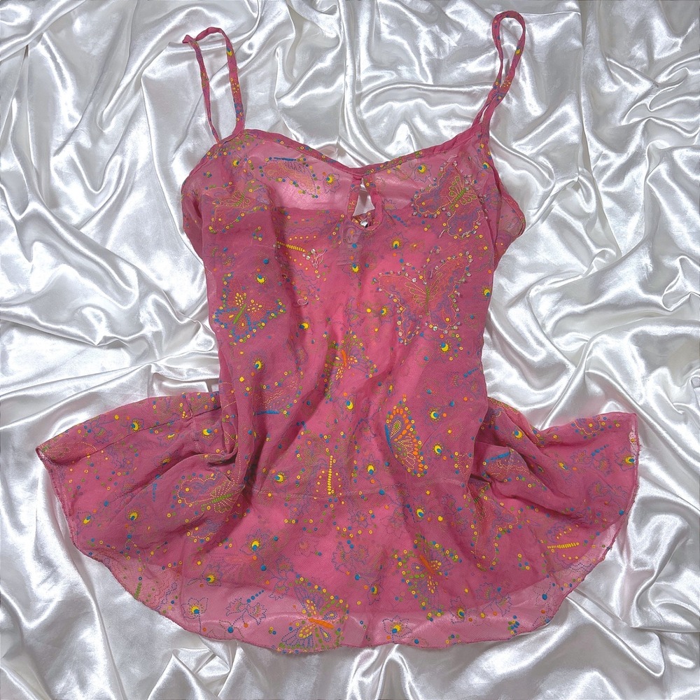 y2k Caren Sport Camisole Pink Good Butterfly Print Sheer Sequin Accent Top 1X
